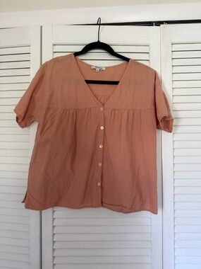 Madewell Peach Textured Button-Front V-Neck Blouse